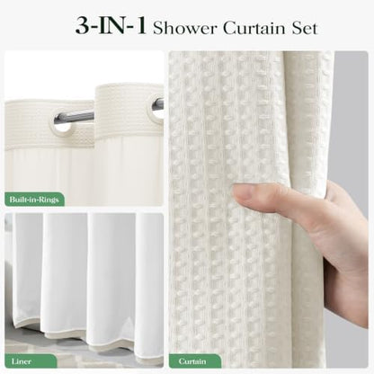 Dynamene Ivory Hook Free Waffle Shower Curtain & Snap-in Fabric Liner,72x75