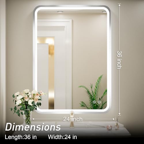 24x36 Inch LED Sliver Frame Bathroom Mirror,3-Color