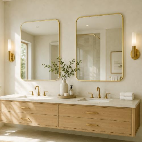 30x36 Inch Brushed Gold Rounded Rectangle Bathroom Vanity Mirror