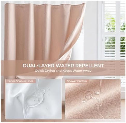 River Dream Linen Textured No Hooks Shower Curtain with Liner,Pink,71x74