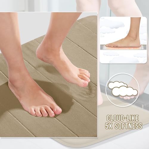 Yimobra Memory Foam Toilet Bath Mat U-Shaped, Soft and Comfortable, Super Water Absorption, Non-Slip, Thick, Machine Wash and Easier to Dry for Bathroom Commode Contour Rug, 24 X 20, Light Tan