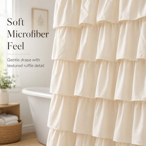 Beige Ruffle Shower Curtain for Bathroom, 72x72, Elegant Ruffled Panle