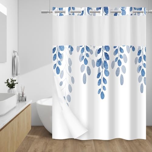 WITHLOC No Hook Floral Shower Curtain with Liner, Blue, 71x74