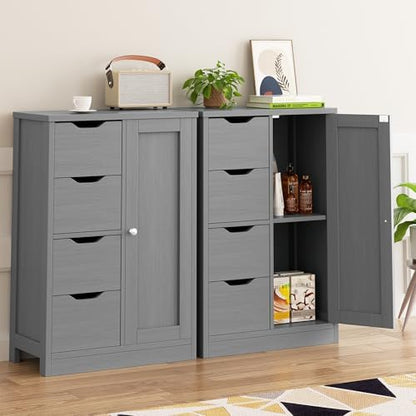 Walsunny Bathroom Floor Storage Cabinet, Wooden Storage Organizer with 4 Drawers and 1 Cupboard, Freestanding Entryway Storage Unit Console Table, Gray
