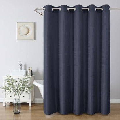 eachope No Hook Waffle Shower Curtain, No Liner Needed,71x74 Inch,Navy Blue