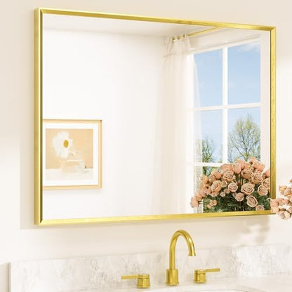 TETOTE Brushed Gold Vanity Mirror for Bathroom 40" x 30" Brushed Brass Rectangle Beveled Framed Bathroom Wall Mirror for Over Sink, Tempered Glass, Modern Farmhouse Bedroom, Entryway, Living Room