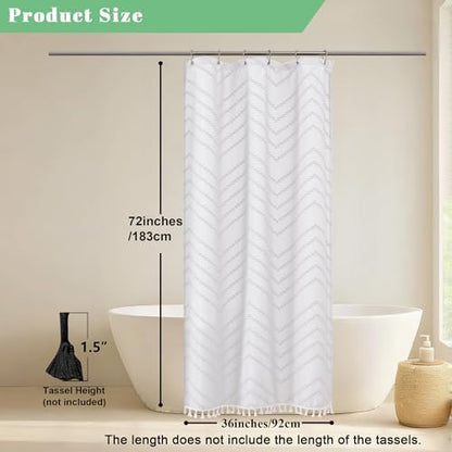 OWENIE Small Boho Stall Shower Curtain, White Fabric Cloth Stall Shower Curtain 36 x 72 Half Size with Tassel Tufted Chevron Striped Textured Modern Farmhouse for Bathroom, Machine Washable