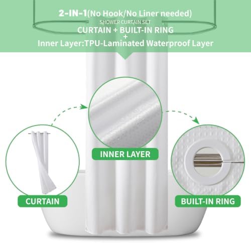 eachope No Hook Waffle Shower Curtain, No Liner Needed, 48x74 Inch, White