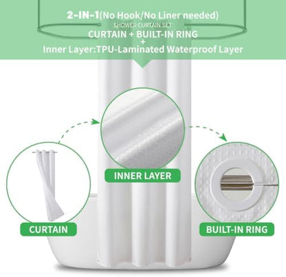 eachope No Hook Waffle Shower Curtain, No Liner Needed, 48x74 Inch, White