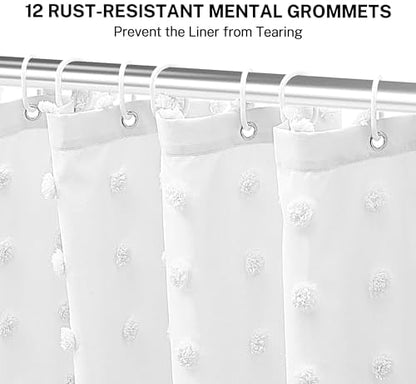 Extra Long Boho Farmhouse Shower Curtain Woven Fabric 84 Inch White Shower Curtain, 72 x 84 Tufted Pleat Floral Puffs Textured Modern Minimalist Shower Curtain Set with Hooks for Bathroom