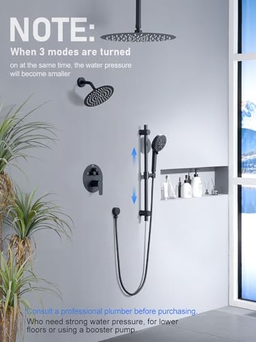 Woindo Shower Faucet Set with Slide Bar, 12" Rain Shower Head/8'' Side Shower Head and 10 Setting Handheld Ceiling Mount 3 Push Button Diverter Complete Rainfall Shower System Included Valve Trim Kit