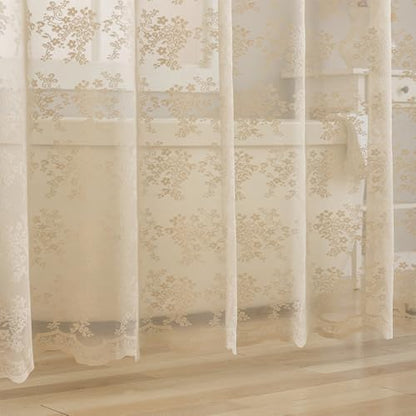 TUDECO Beige Lace Shower Curtain with Attached Valance, 72 x 72 Inch