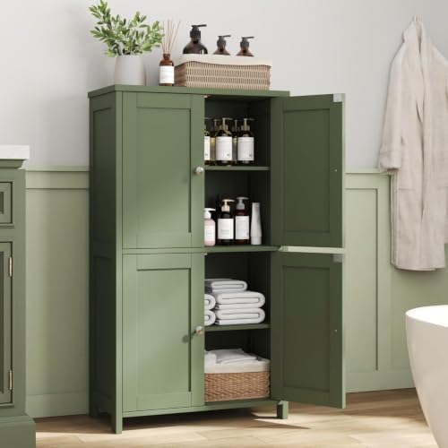 Nuturelly Bathroom Floor Storage Cabinet, 4 Doors, Anti-Tip, Pale Green