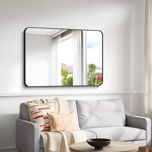 BONEWEI 30x40 inch Bathroom Mirror,Black Rectangle Mirror,Wall Mounted Bathroom Frame Vanity Mirror with Round Corner for Bedroom Living Room, Entryway Hangs Horizontal or Vertical