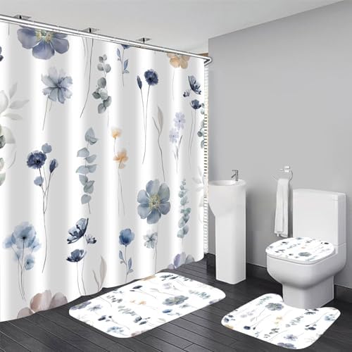 DDQQ 4Pcs Flower Shower Curtain Set with Floral Bathroom Sets