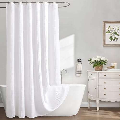 Extra Long Waffle Shower Curtain Heavyweight Cotton Fabric White 72Wx96L