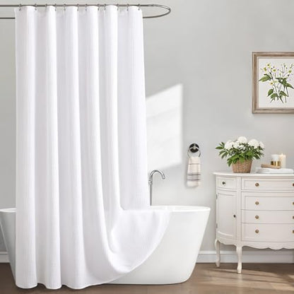 Extra Long Waffle Shower Curtain Heavyweight Cotton Fabric White 72Wx96L