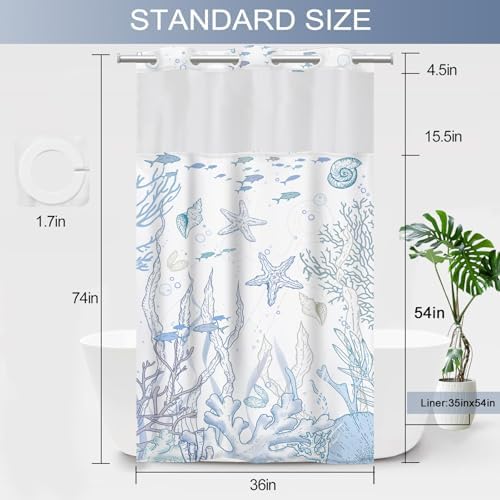 Small No Hook Shower Curtain and Liner Set, Blue Beach Coastal 36x74