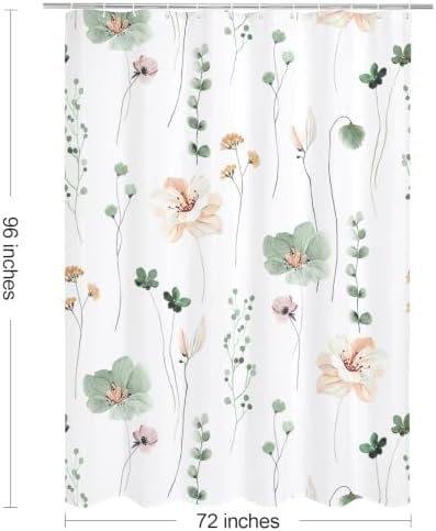 Gibelle Sage Green Beige Watercolor Floral Fabric Shower Curtain, 72x96