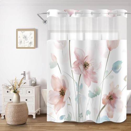 No Hook Shower Curtain and Liner Set, Light Pink Boho Floral 71x77
