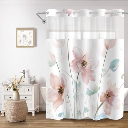 No Hook Shower Curtain and Liner Set, Light Pink Boho Floral 71x77