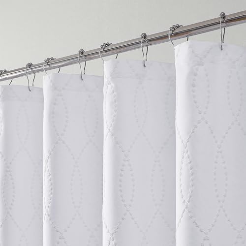OVZME White Shower Curtain for Bathroom, Puff Printed Textured Shower Curtain with Tassels, Rustic Geometry Heavy Duty Vintage Country Bathroom Curtain, Water Resistant Fabric, 72Wx72L Inches