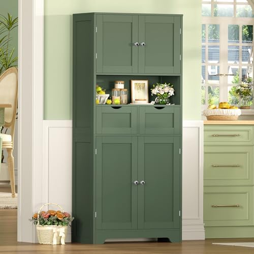 Iwell 58" H Tall Bathroom Storage Cabinet with 2 Drawers & 2 Adjustable Shelves, Bathroom Cabinet with 4 Doors, Tall Cabinet for Living Room, Dining Room, Entryway, Forest Green