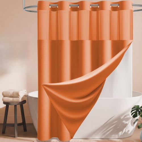 Dynamene Burnt Orange Hook Free Waffle Shower Curtain & Snap-in Liner,72x75