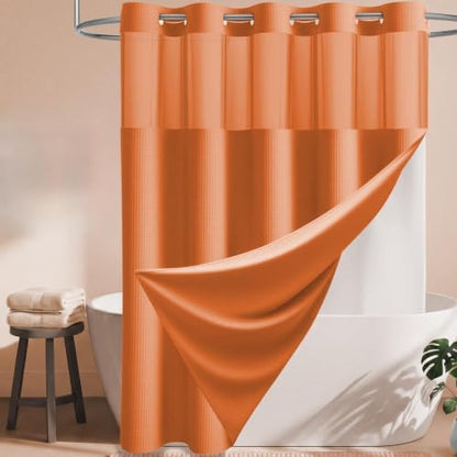 Dynamene Burnt Orange Hook Free Waffle Shower Curtain & Snap-in Liner,72x75