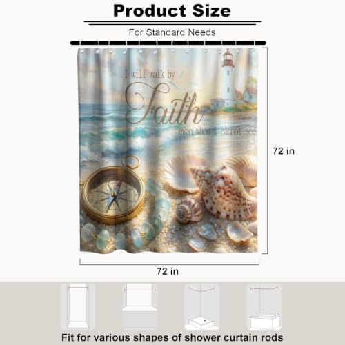 Cute Modern Beach Shower Curtain, Ocean Rustic Coastal Tropical Aesthetic Seashell Shower Curtains for Bathroom, Waterproof Bath Curtain with Hooks Machine Washable Bathtub Curtains 72x72 Inch Blue