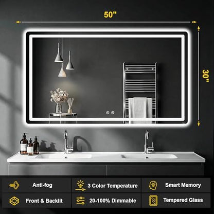 LED Bathroom Mirror with Lights, 30"x50" Lighted Vanity Mirror for Wall