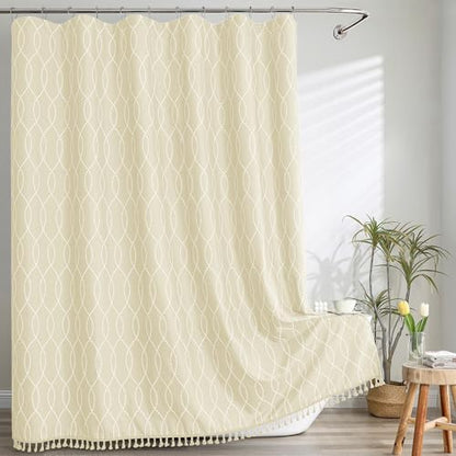 OVZME Light Beige Shower Curtain for Bathroom, Puff Printed Textured Shower Curtain with Tassels, Rustic Geometry Heavy Duty Vintage Country Bathroom Curtain, Water Resistant Fabric, 72Wx72L Inches