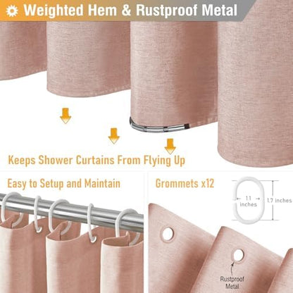 BTTN Long Linen Textured Waterproof Thick Shower Curtain Set, 72x84, Blush
