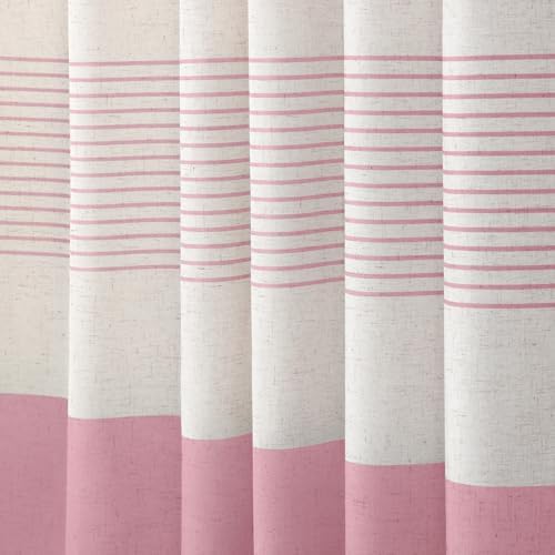 Pink Boho Linen Striped Shower Curtain with Tassel 72" W X 72" L