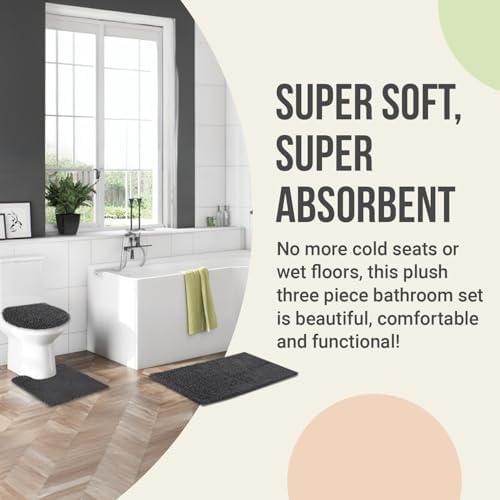 ITSOFT 3pc Non-Slip Shaggy Chenille Bathroom Mat Set, Includes 24"" x21 U-Shaped Contour Toilet Rug, 34"" x21 Bathmat and 1 Toilet Lid Cover, Lilac