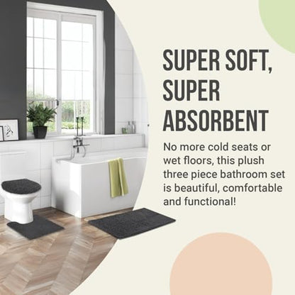 ITSOFT 3pc Non-Slip Shaggy Chenille Bathroom Mat Set, Includes 24"" x21 U-Shaped Contour Toilet Rug, 34"" x21 Bathmat and 1 Toilet Lid Cover, Lilac