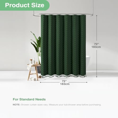 Dynamene Boho Farmhouse Shower Curtain Tufted Chevron 72"x72" Dark Green