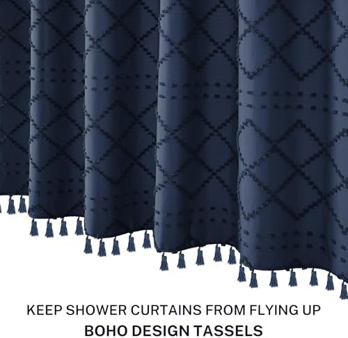 Siiluminisoy Extra Long Boho Shower Curtain with Tassels 72 x 90, Navy Blue