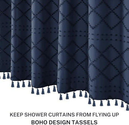 Siiluminisoy Extra Long Boho Shower Curtain with Tassels 72 x 90, Navy Blue
