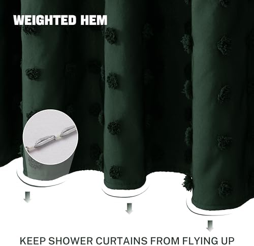 Extra Long Boho Farmhouse Shower Curtain Woven Fabric 84 Inch Dark Green Shower Curtain, 72 x 84 Tufted Pleat Floral Puffs Textured Modern Minimalist Hunter Green Shower Curtain Set for Bathroom