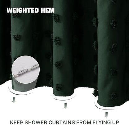 Extra Long Boho Farmhouse Shower Curtain Woven Fabric 84 Inch Dark Green Shower Curtain, 72 x 84 Tufted Pleat Floral Puffs Textured Modern Minimalist Hunter Green Shower Curtain Set for Bathroom