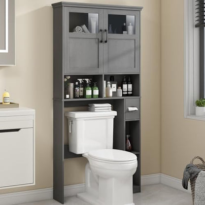Vabches Over The Toilet Storage Cabinet with Doors & Paper Holder, Ash Grey