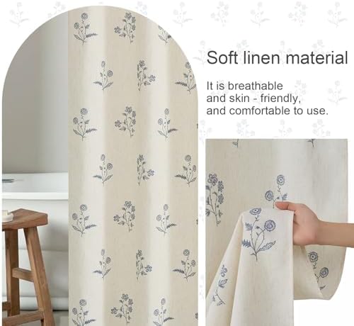 ORTIGIA Blue Floral Linen Shower Curtain 72 W x 84 L Farmhouse Vintage Long Shower Curtains Boho Rustic Block Print Cottagecore Decor for Bathroom