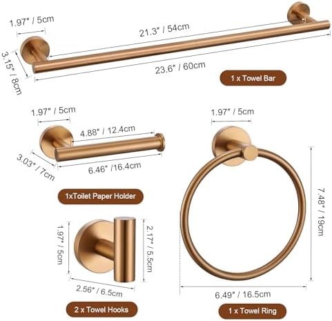 TURS Brushed Rose Gold 5 Piece Bathroom Hardware Set, SUS304 Stainless Steel 23.6 Inch Bath Towel Bar Set, Round Bathroom Accessories Kit Wall Mounted