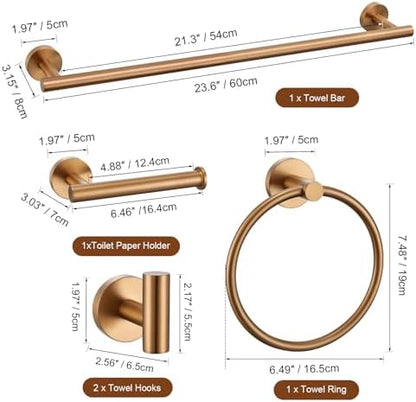 TURS Brushed Rose Gold 5 Piece Bathroom Hardware Set, SUS304 Stainless Steel 23.6 Inch Bath Towel Bar Set, Round Bathroom Accessories Kit Wall Mounted