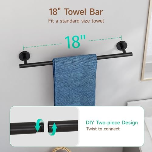 USHOWER 8PCS Matte Black Bathroom Hardware Set, 18-Inch Towel Bar Set