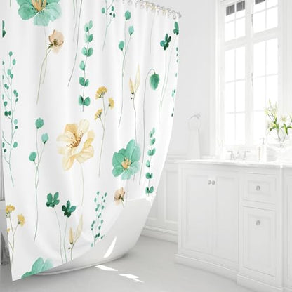 Gibelle Mint Green Beige Watercolor Floral Fabric Shower Curtain, 72x72