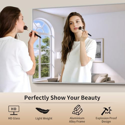COFENY 30x40In Silver Bathroom Mirror for Wall, Brushed Nickel Rectangle Mirrors with Metal Frame, Bathroom Rectangular Mirror Modern Wall Mirror for Bedroom Living Room, Hangs Horizontal or Vertical