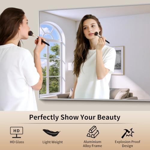 COFENY 48x24In Silver Bathroom Mirror for Wall, Brushed Nickel Rectangle Mirrors with Metal Frame, Bathroom Rectangular Mirror Modern Wall Mirror for Bedroom Living Room, Hangs Horizontal or Vertical