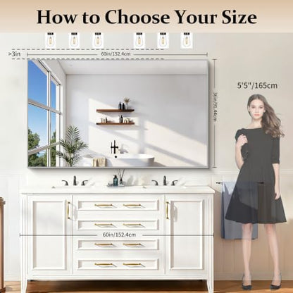 COFENY 36x60inch Brushed Nickel Bathroom Mirror, Silver Rectangle Mirror with Frame, Large Rectangular Wall Mirrors for Bathroom, Living Roomm, Hair Salon, Big Mirror Hang Horizontal/Vertical